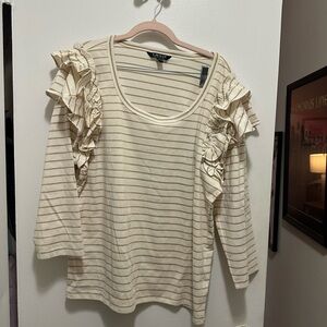 NWOT Ralph Lauren Beige Striped Ruffle Sleeve Top